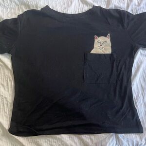 Black T-Shirt with Cat Pocket Design